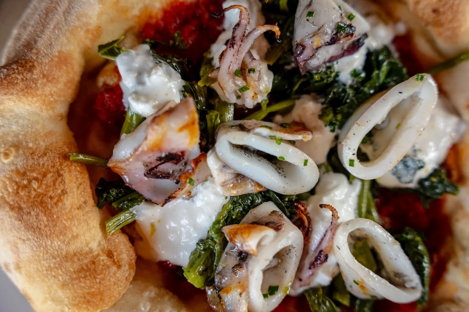 Dettaglio di Pizzino di mare con calamari e verdure.