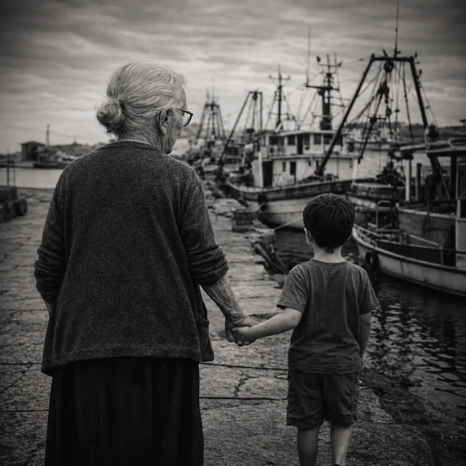 Nonna Peppìna e un bambino mano nella mano guardano le barche dei pescatori al porto