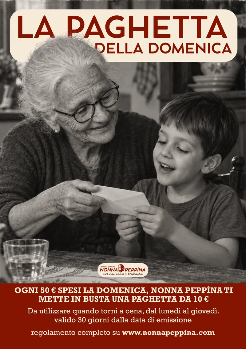 La Paghetta della Domenica: la Nonna consegna una busta a un bambino. Ogni 50 € spesi la domenica, Nonna Peppìna ti mette in busta una Paghetta da 10 €